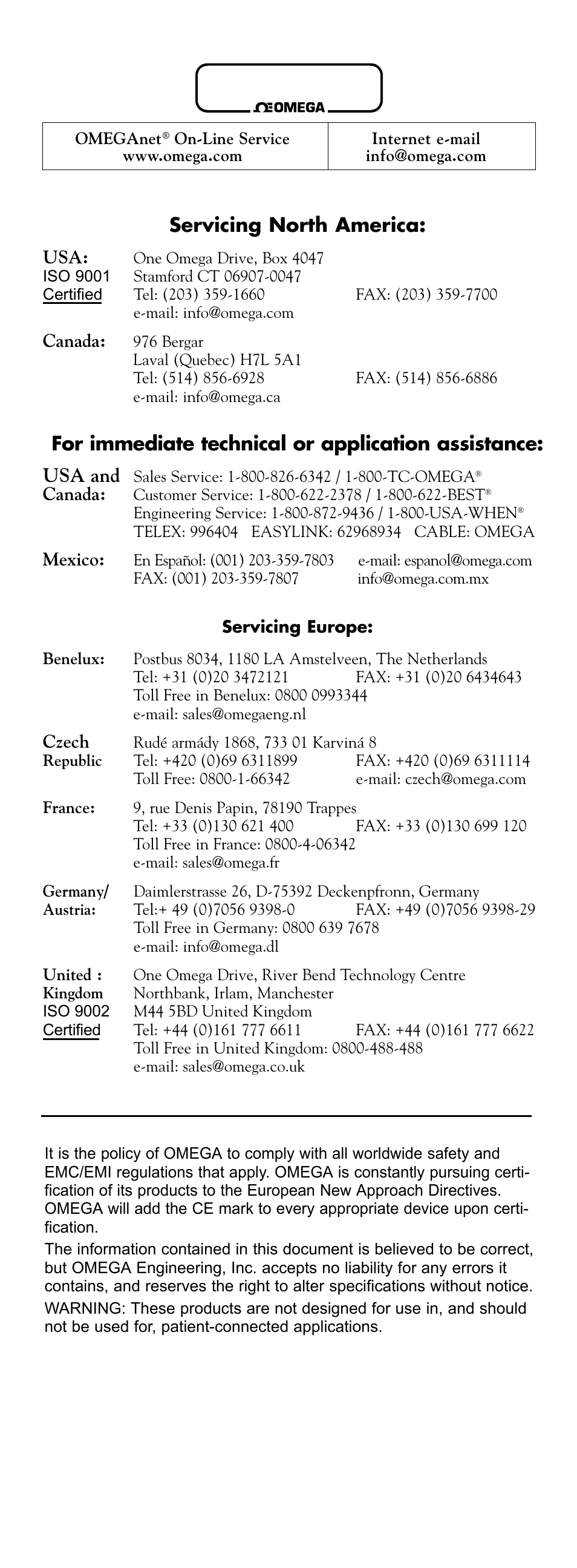 Servicing north america | Omega OS950 User Manual | Page 2 / 18