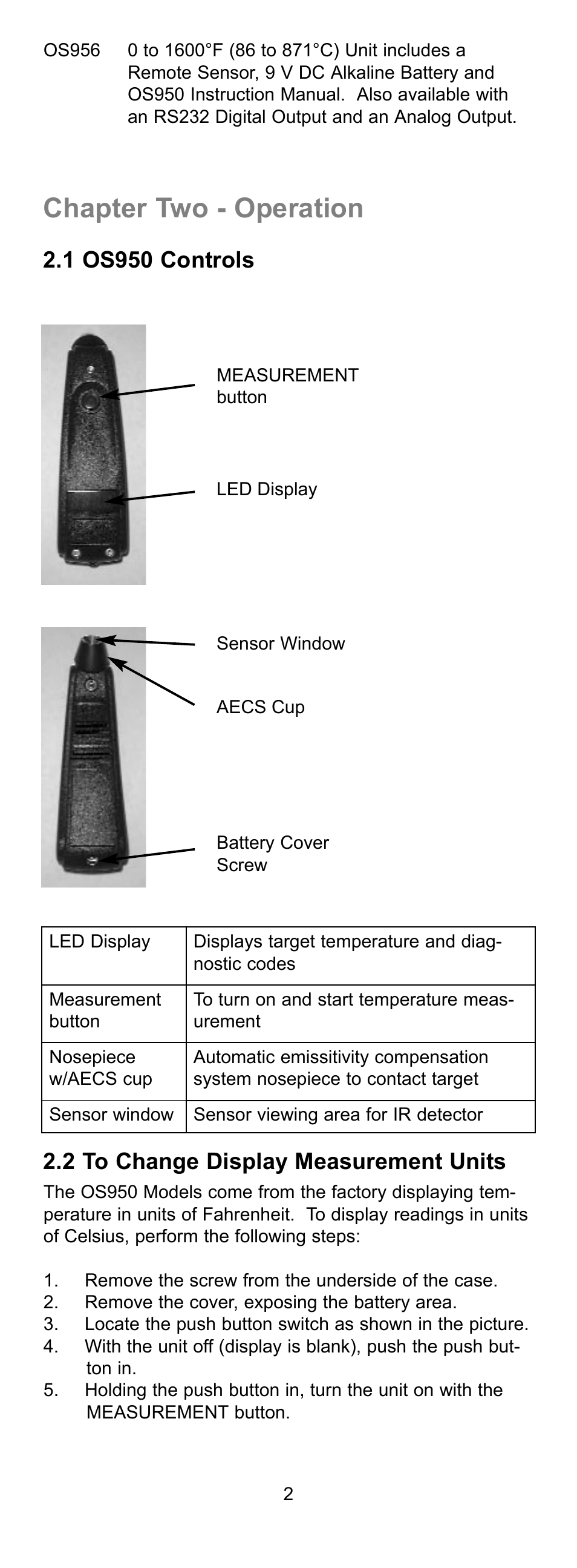 Chapter two - operation | Omega OS950 User Manual | Page 7 / 18