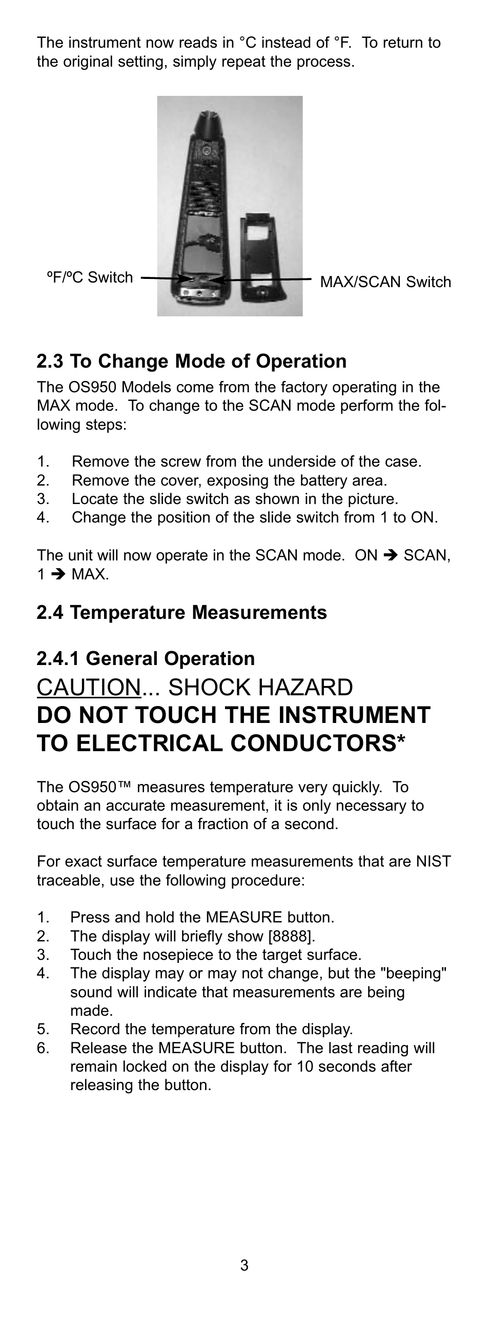 3 to change mode of operation, 4 temperature measurements 2.4.1 general operation | Omega OS950 User Manual | Page 8 / 18