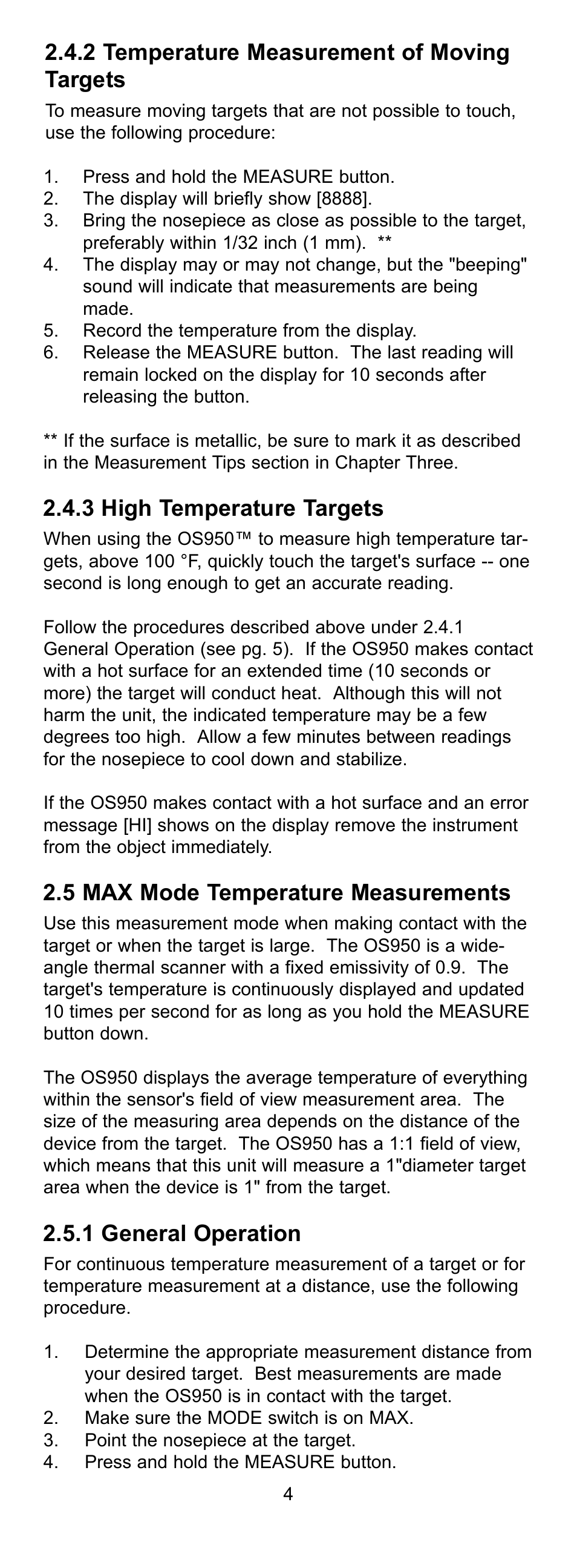 2 temperature measurement of moving targets, 3 high temperature targets, 5 max mode temperature measurements | 1 general operation | Omega OS950 User Manual | Page 9 / 18