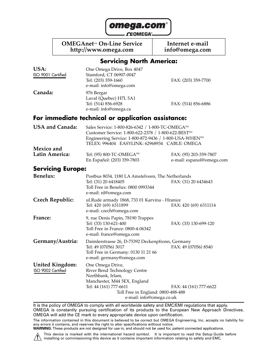 Servicing north america, For immediate technical or application assistance, Servicing europe | Omeganet | Omega DP119-RTD User Manual | Page 2 / 36