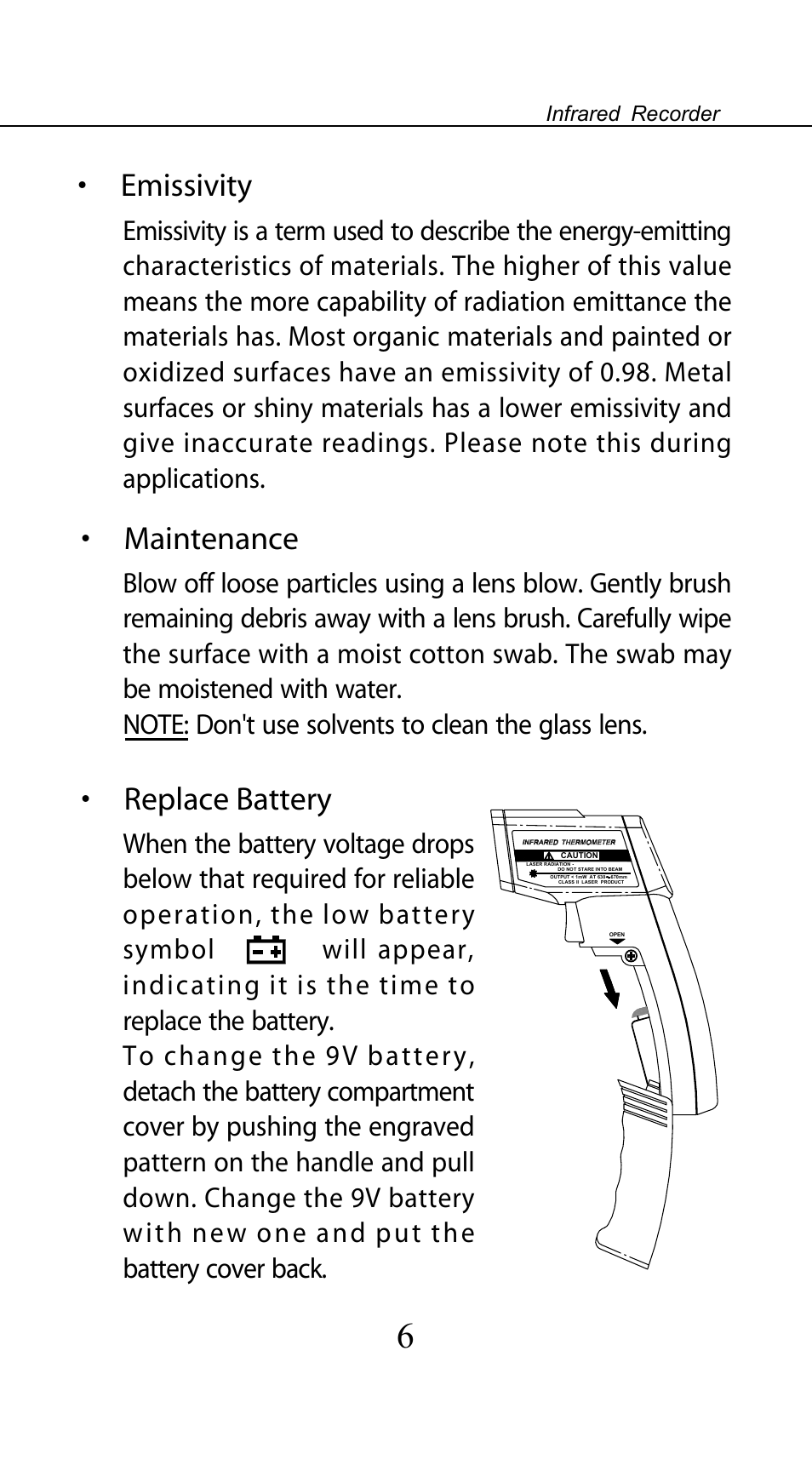 Maintenance, Replace battery, Emissivity | Omega OS541 User Manual | Page 8 / 10