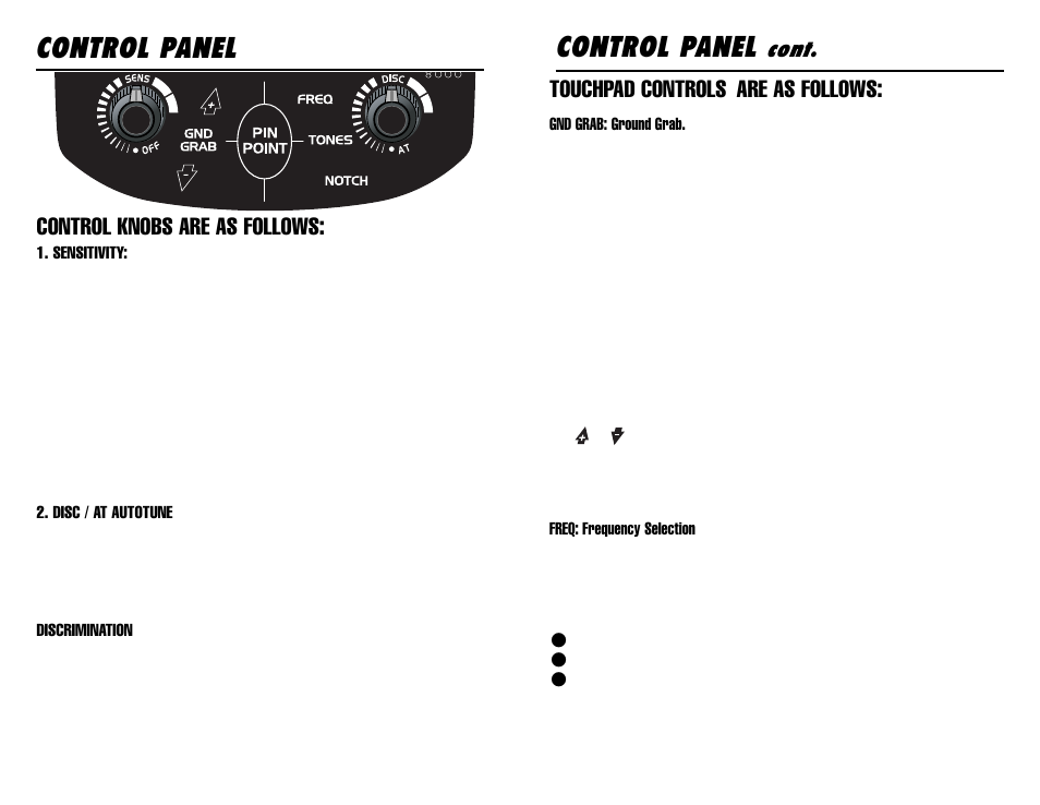 Control panel, Cont, Control knobs are as follows | Touchpad controls are as follows | Omega 8000 User Manual | Page 13 / 24