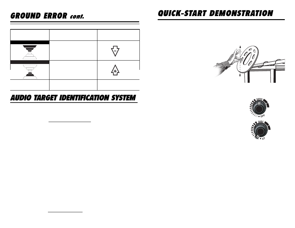 Quick-start dem onstration, Ground error, Audio target identification system | Cont | Omega 8000 User Manual | Page 18 / 24