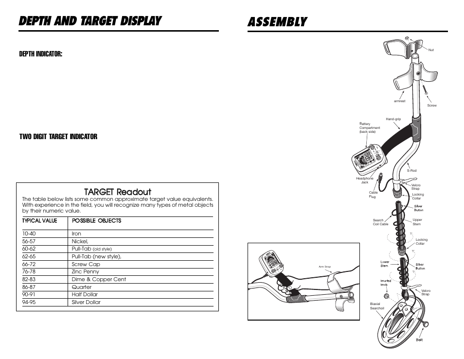 Assembly, Depth and target display, Adjusting the arm rest | Arm rest strap, Tta arrg geett rre ea ad do ouutt, Depth indicator, Two digit target indicator | Omega 8000 User Manual | Page 20 / 24