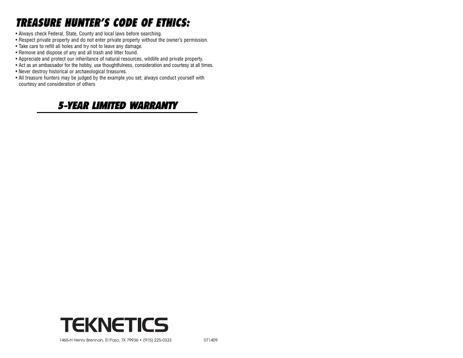 Treasure hunter’s code of ethics, Year limited warranty | Omega 8000 User Manual | Page 24 / 24