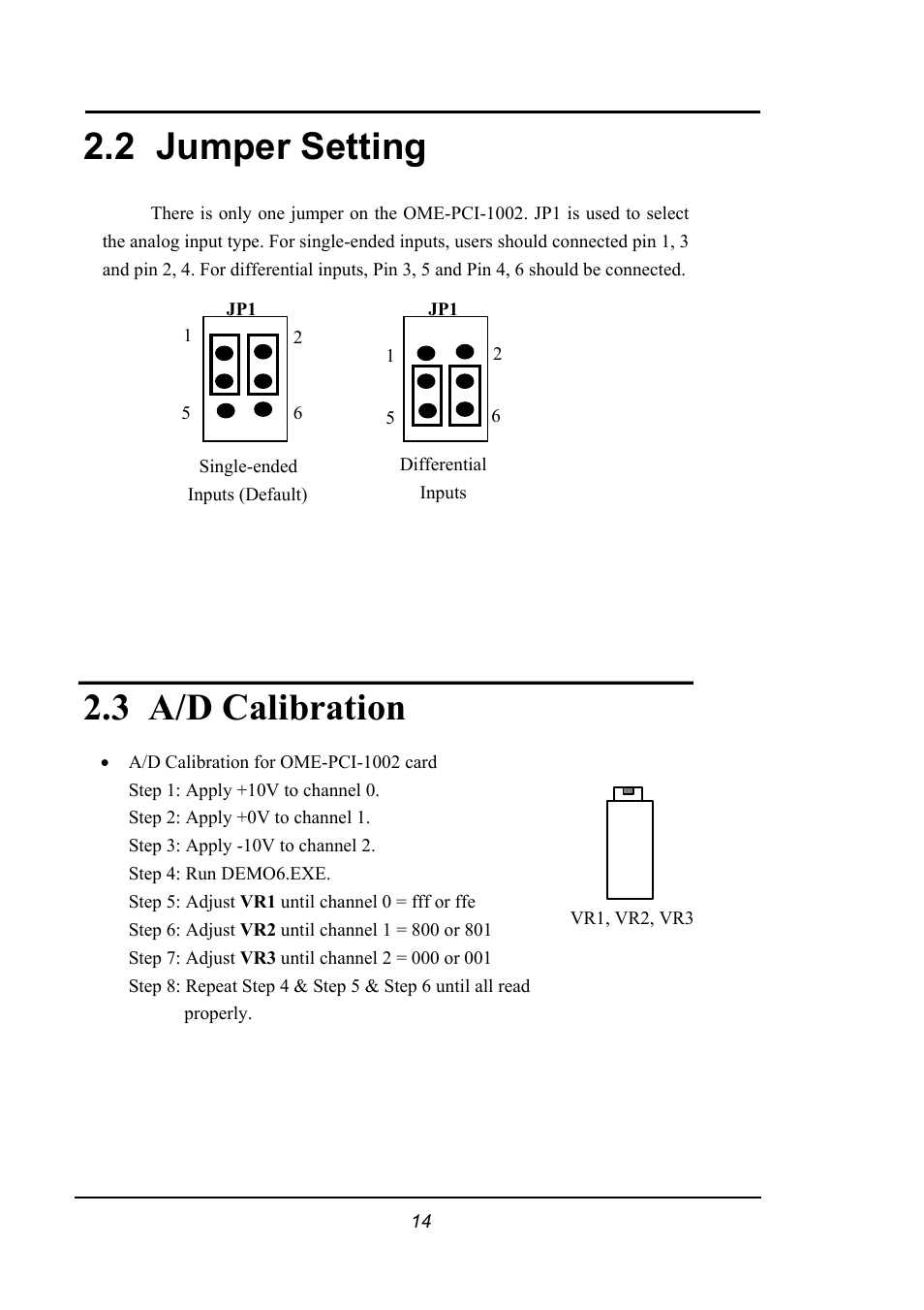 Jumper setting, A/d calibration, Umper | Etting, Alibration, 2 jumper setting, 3 a/d calibration | Omega 1002 User Manual | Page 14 / 48