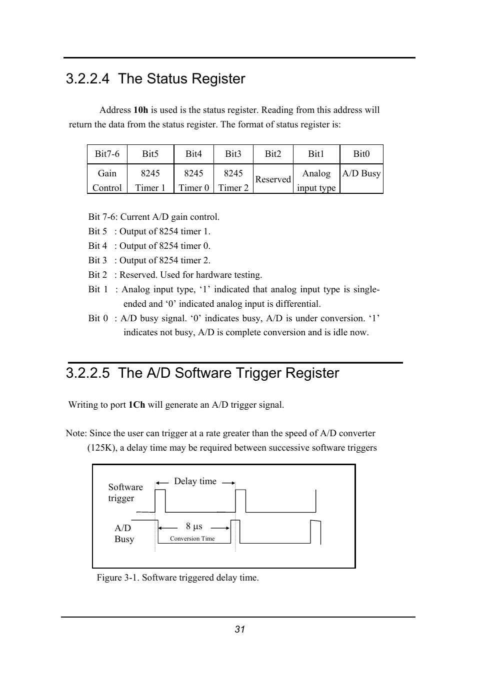 The status register, The a/d software trigger register, 4 the status register | 5 the a/d software trigger register | Omega 1002 User Manual | Page 31 / 48