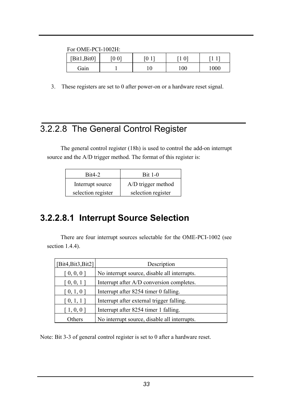 The general control register, Interrupt source selection, 8 the general control register | 1 interrupt source selection | Omega 1002 User Manual | Page 33 / 48