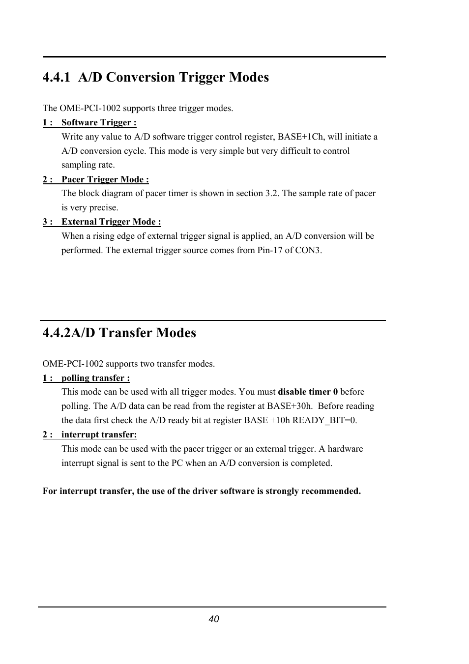 A/d conversion trigger modes, A/d transfer modes, 1 a/d conversion trigger modes | 2a/d transfer modes | Omega 1002 User Manual | Page 40 / 48