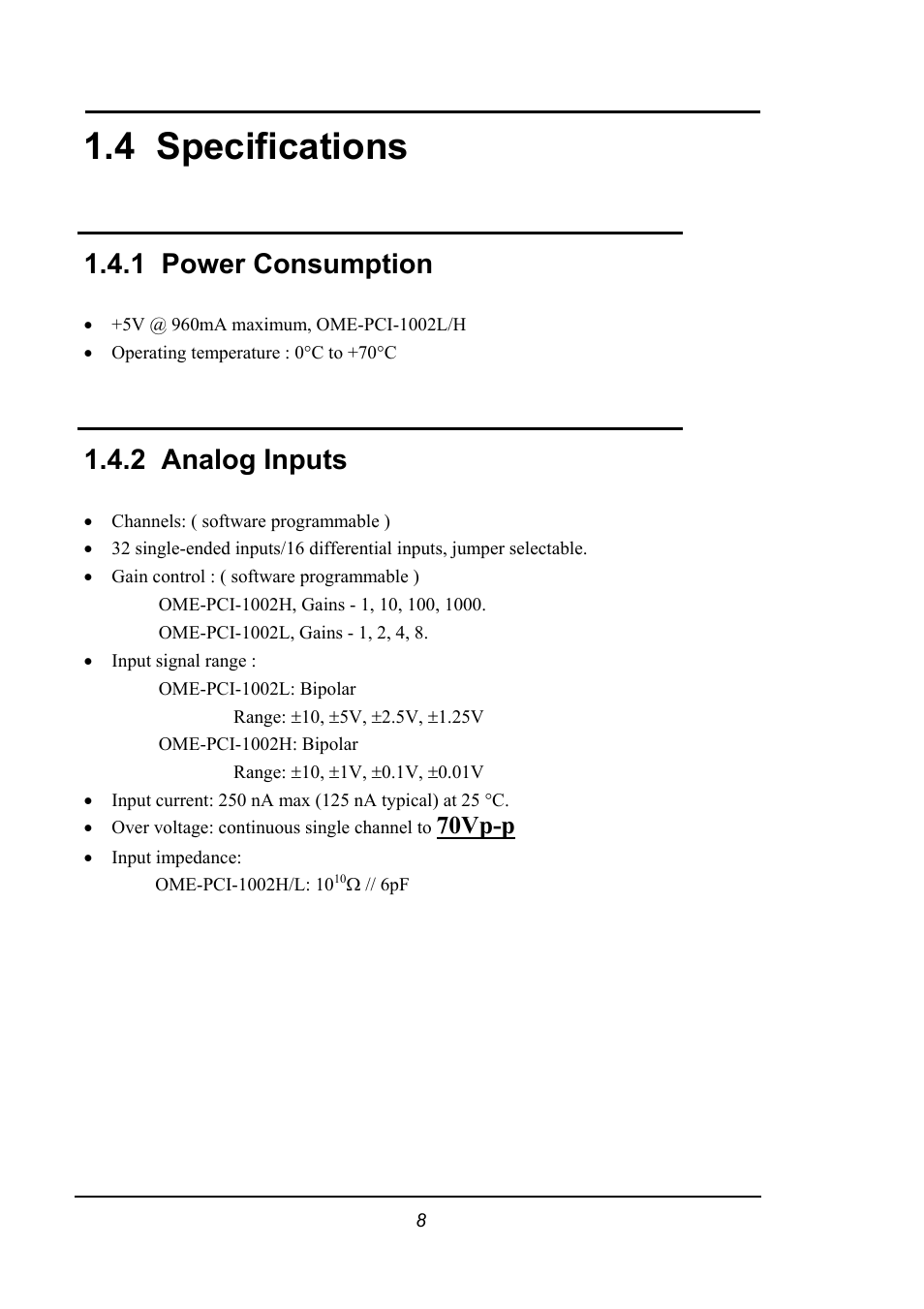 Specifications, Power consumption, Analog inputs | Pecifications, 4 specifications, 1 power consumption, 2 analog inputs, 70vp-p | Omega 1002 User Manual | Page 8 / 48