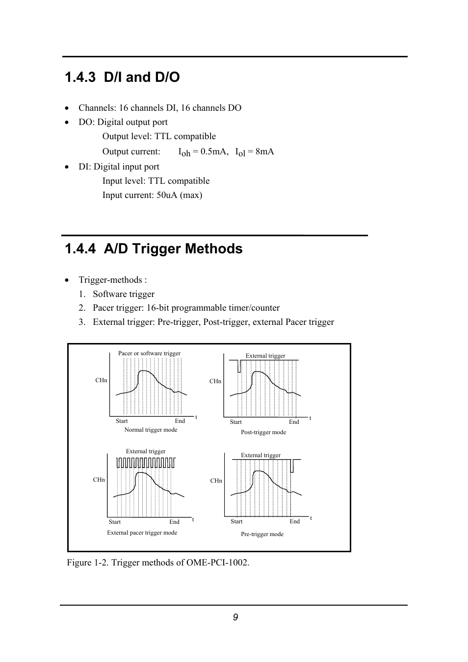 D/i and d/o, A/d trigger methods, 3 d/i and d/o | 4 a/d trigger methods | Omega 1002 User Manual | Page 9 / 48