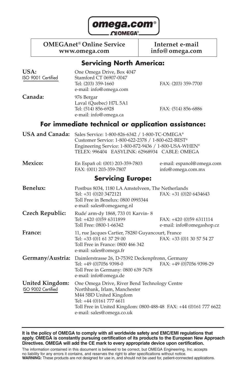 Servicing north america, For immediate technical or application assistance, Servicing europe | Omeganet | Omega FMA 4000 User Manual | Page 2 / 55