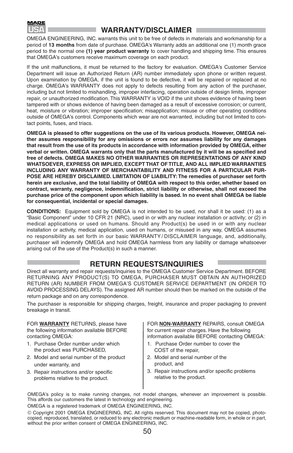Warranty/disclaimer, Return requests/inquiries | Omega FMA 4000 User Manual | Page 54 / 55
