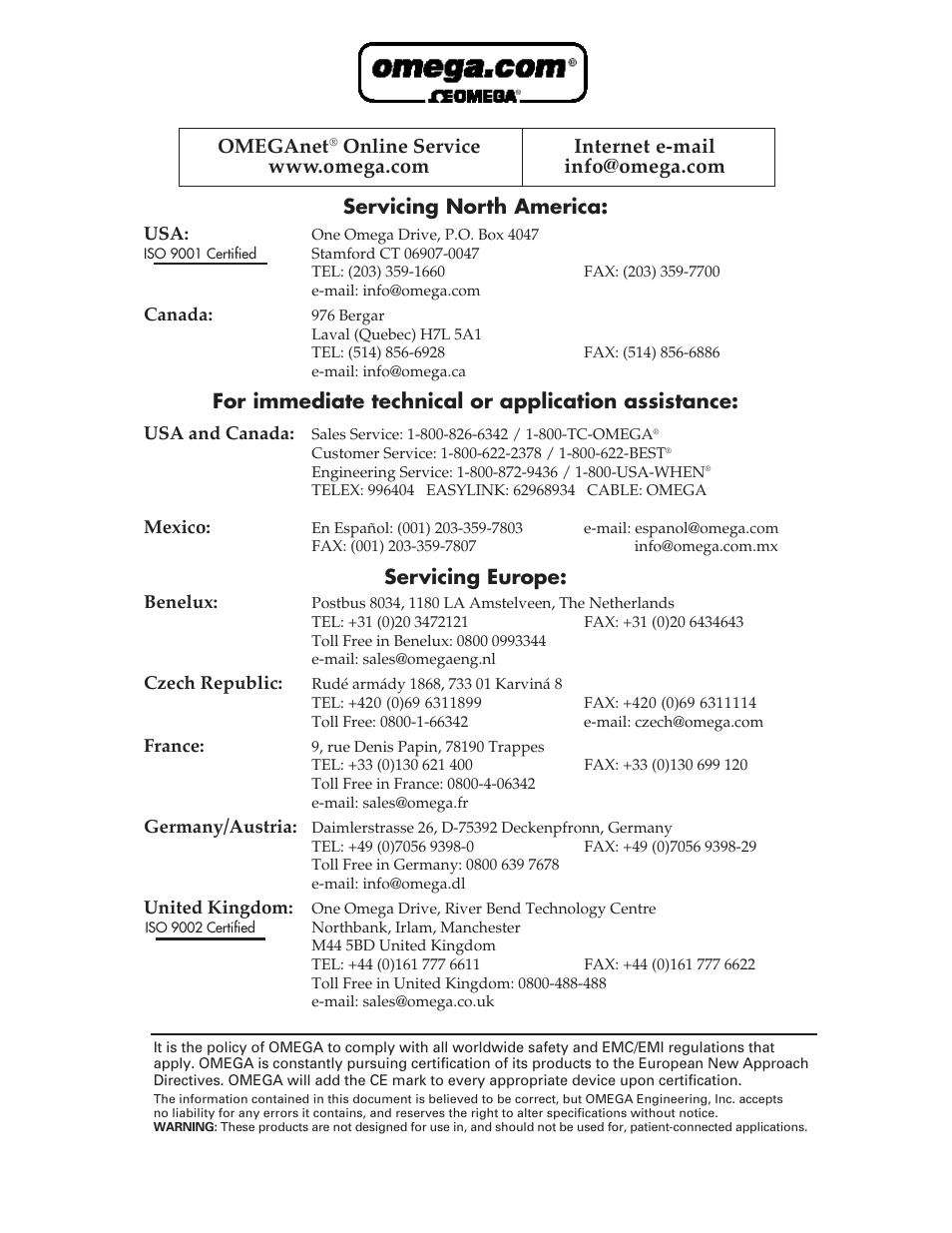 Servicing north america, For immediate technical or application assistance, Servicing europe | Omeganet | Omega FC-21 User Manual | Page 75 / 75