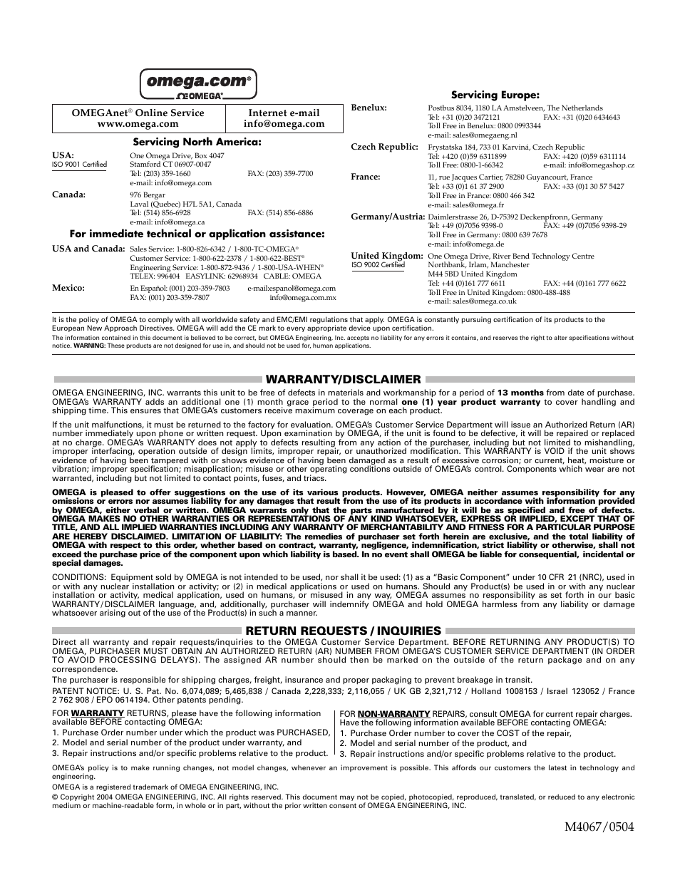 Warranty/disclaimer, Return requests / inquiries | Omega PSW20 User Manual | Page 4 / 4