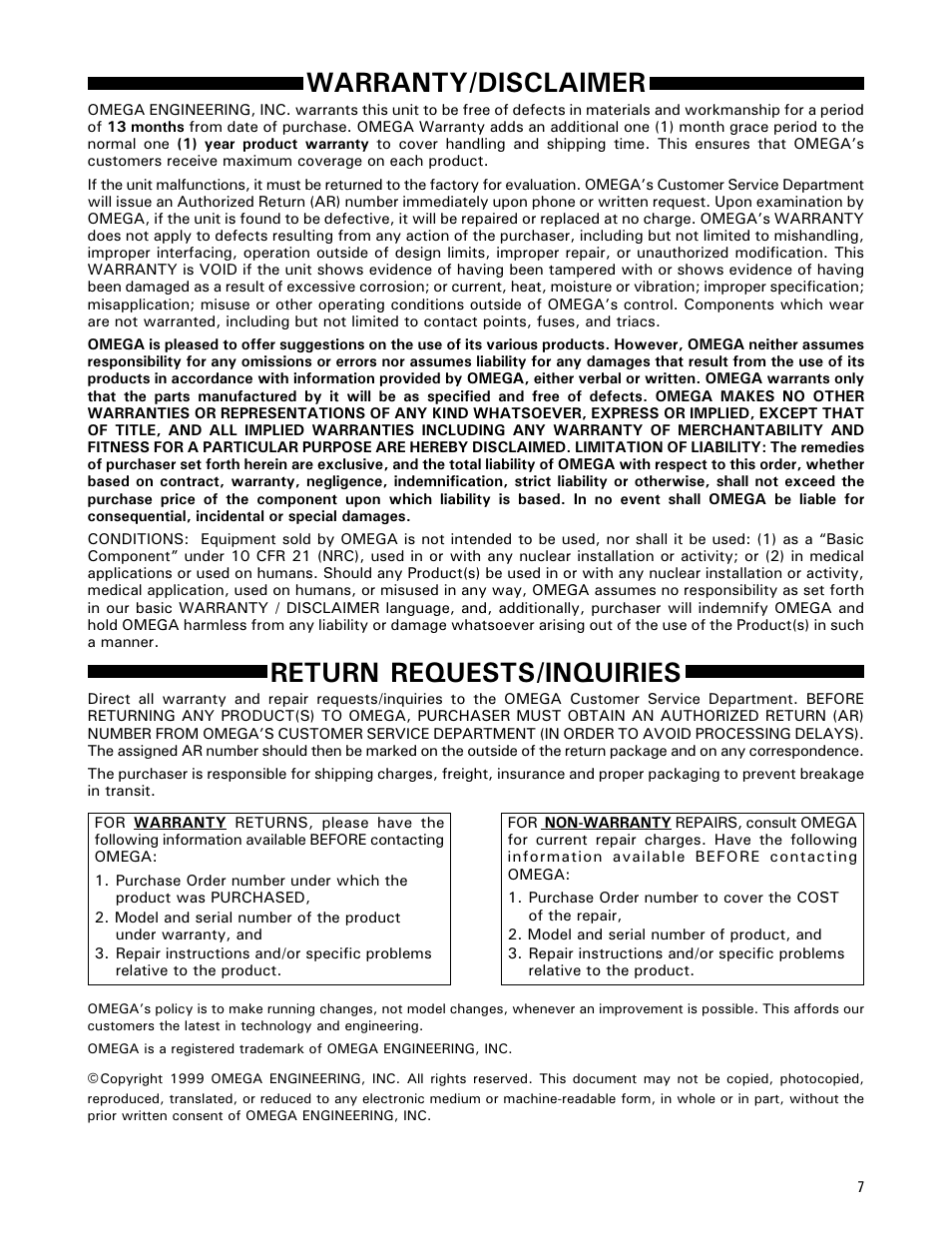 Warranty/disclaimer, Return requests/inquiries | Omega DMD-476 User Manual | Page 7 / 8