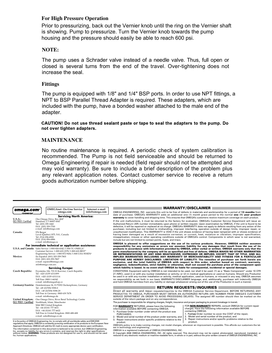 Warranty/ disclaimer, Return requests / inquiries | Omega HPP-600 User Manual | Page 2 / 2