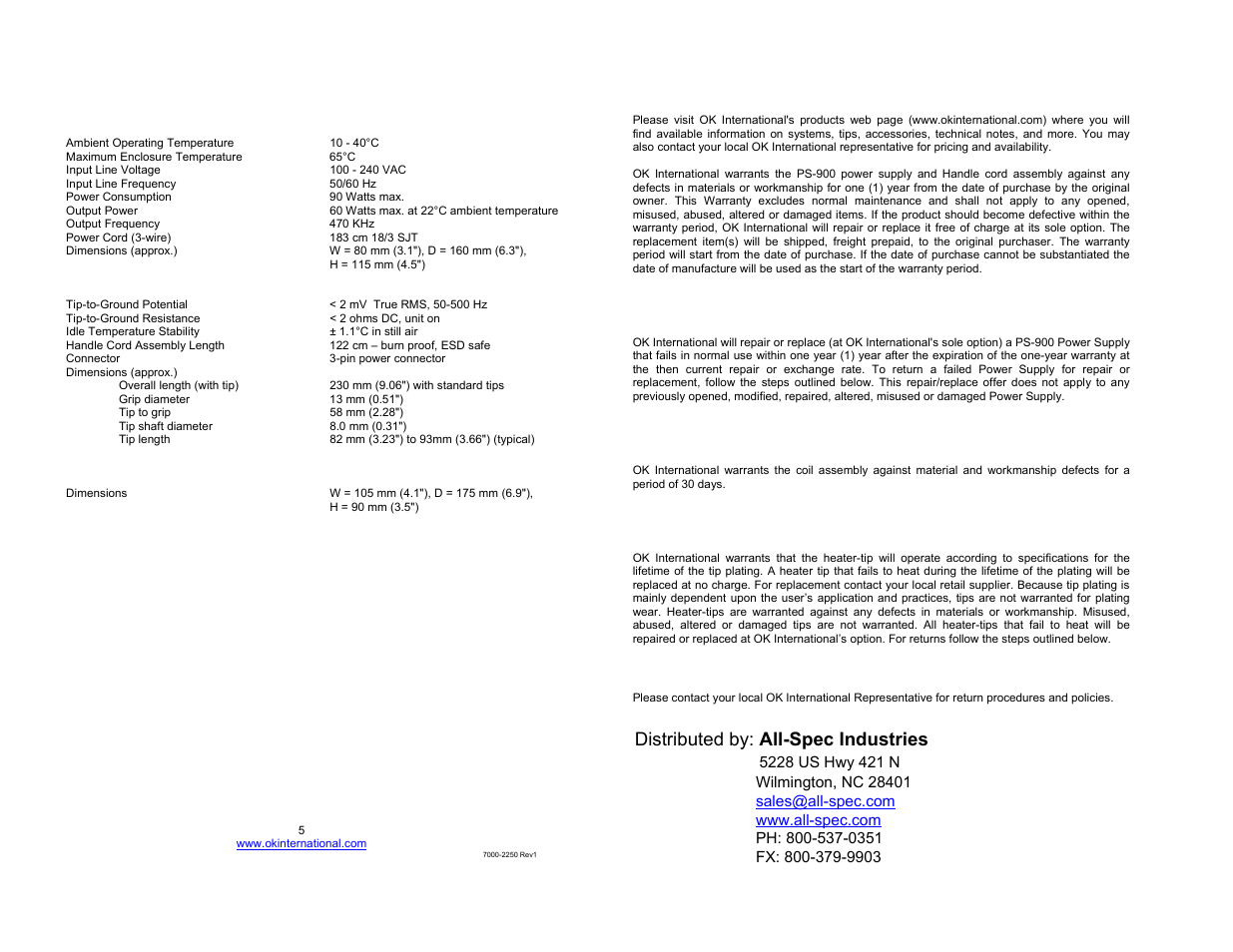 Distributed by: all-spec industries | OK International Soldering System PS-900 User Manual | Page 4 / 4