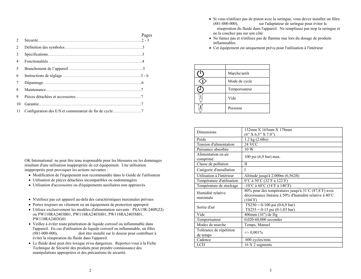 Sommaire | OK International TECHCON SYSTEMS TS255 User Manual | Page 8 / 17