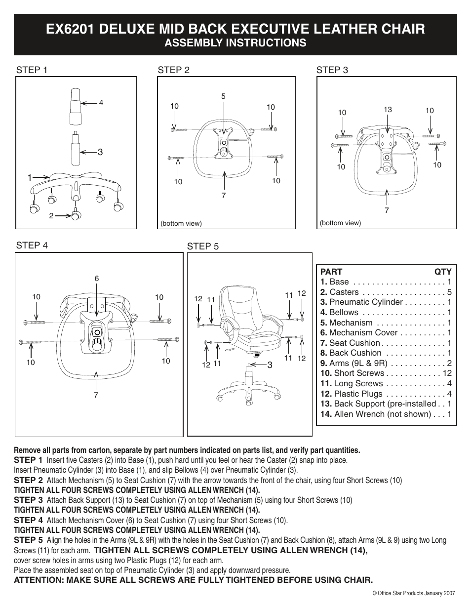 Ex6201 deluxe mid back executive leather chair, Assembly instructions | Office Star Products EX6201 User Manual | Page 2 / 2