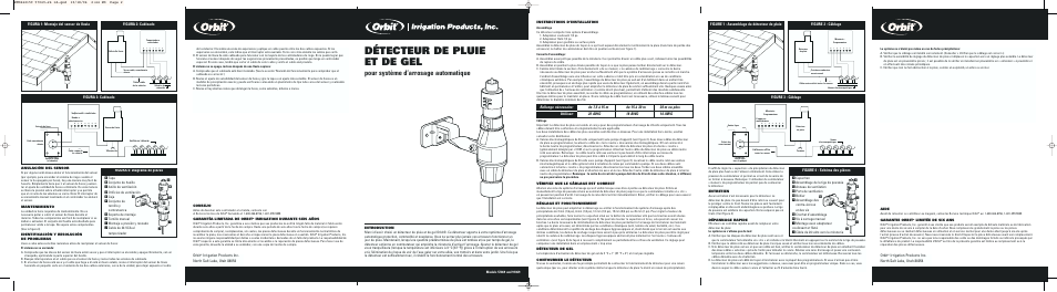 Détecteur de pluie et de gel, Pour système d’arrosage automatique, Figure 1 : assemblage du détecteur de pluie | Figure 2 : câblage, Figure 3 : câblage figure 4 : schéma des pièces, Figura 1: montaje del sensor de lluvia, Figura 2: cableado, Figura 3: cableado figura 4: diagrama de piezas, Orbit | Orbit Manufacturing Orbit Rain/Freeze Sensor 57069 User Manual | Page 2 / 2