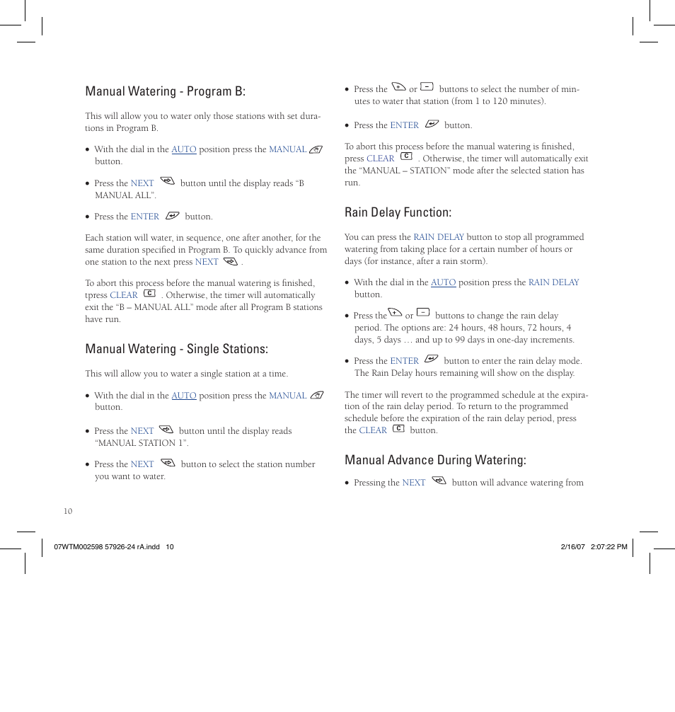 Manual watering - program b, Manual watering - single stations, Rain delay function | Manual advance during watering | Orbit Manufacturing Fluid 57926 User Manual | Page 11 / 40