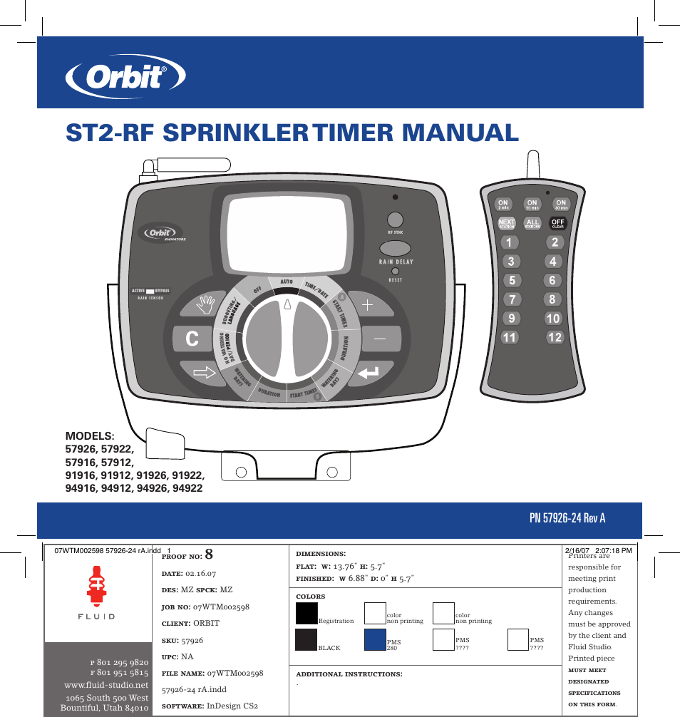 St2-rf sprinkler timer manual | Orbit Manufacturing Fluid 57926 User Manual | Page 2 / 40