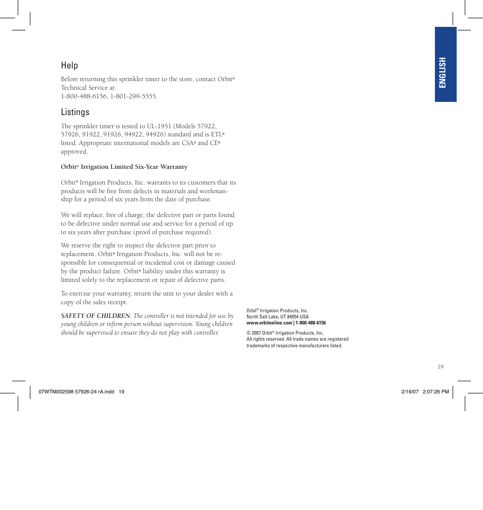 Help, Listings, English | Orbit Manufacturing Fluid 57926 User Manual | Page 20 / 40