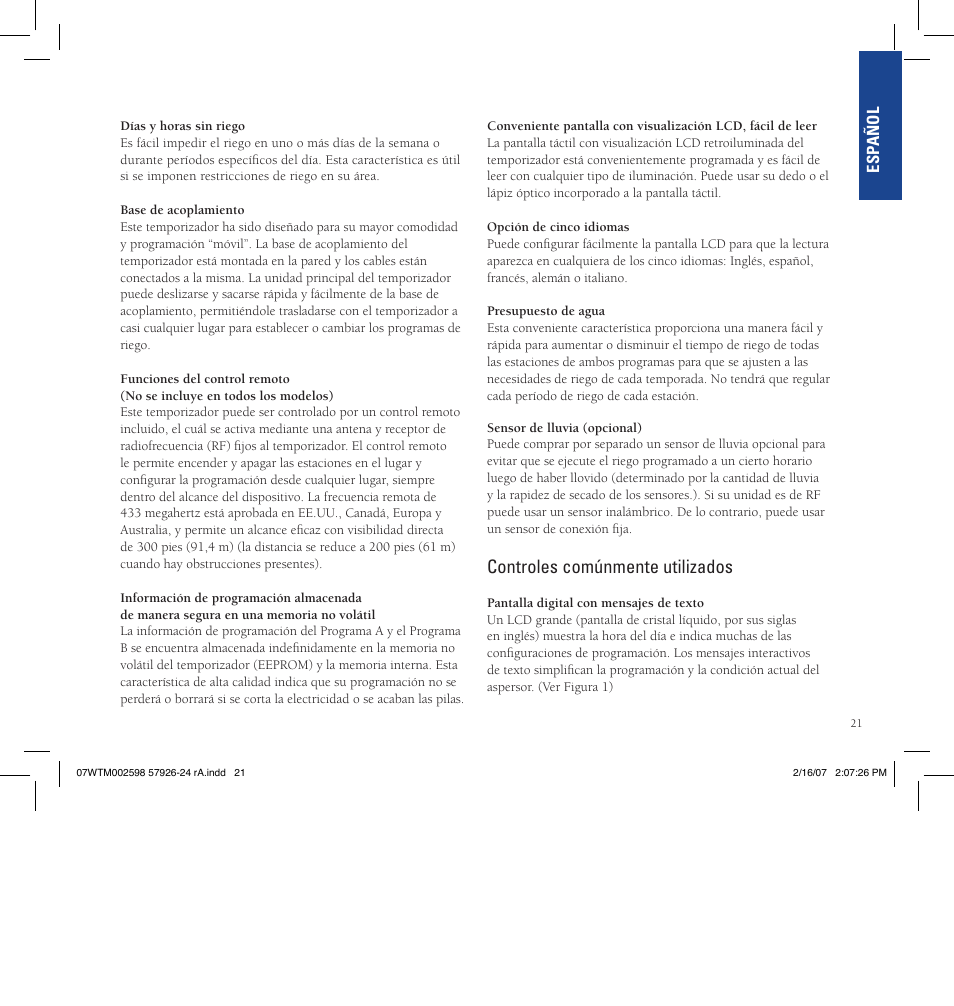 Controles comúnmente utilizados | Orbit Manufacturing Fluid 57926 User Manual | Page 22 / 40