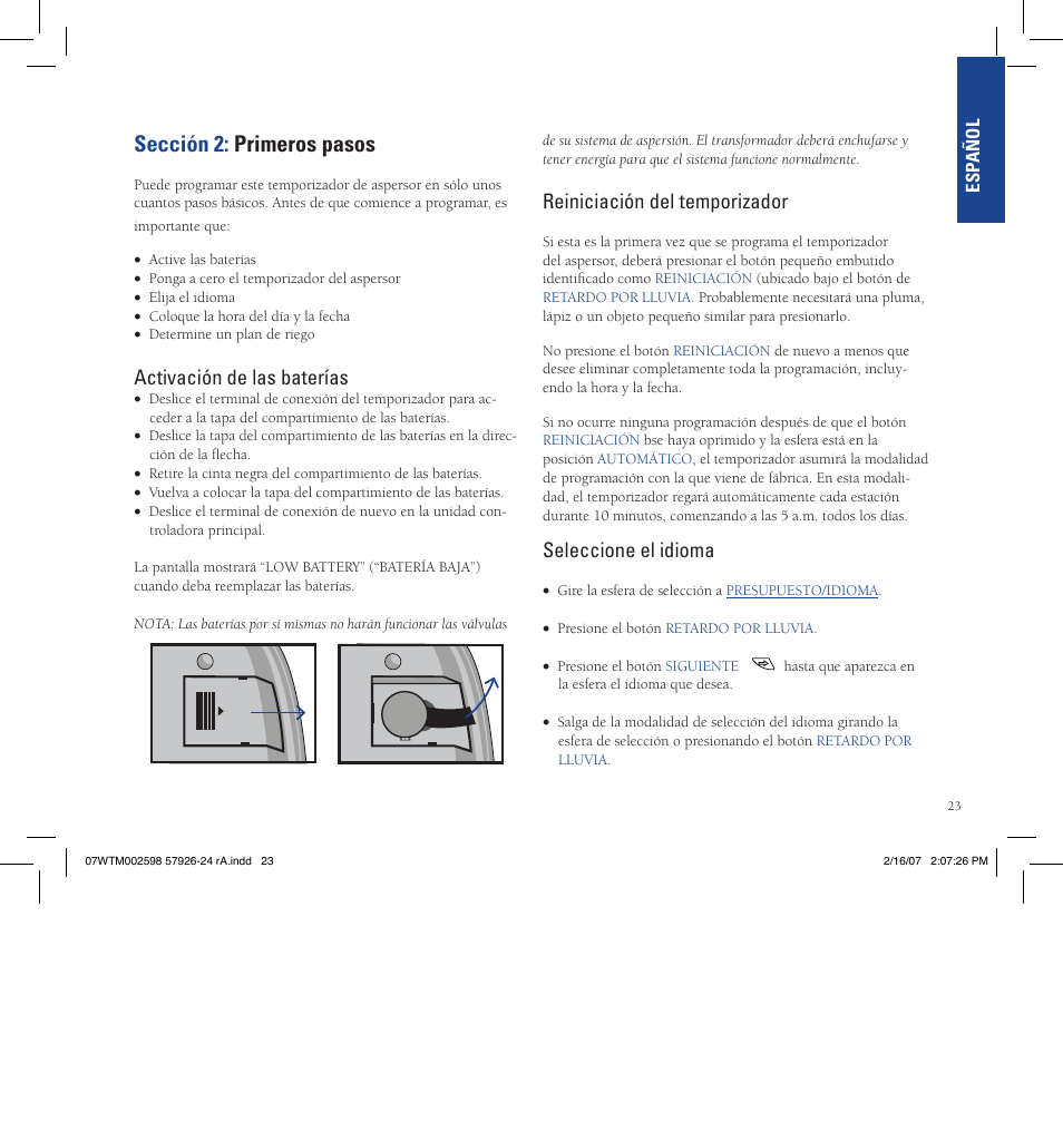 Sección 2: primeros pasos, Activación de las baterías, Reiniciación del temporizador | Seleccione el idioma | Orbit Manufacturing Fluid 57926 User Manual | Page 24 / 40