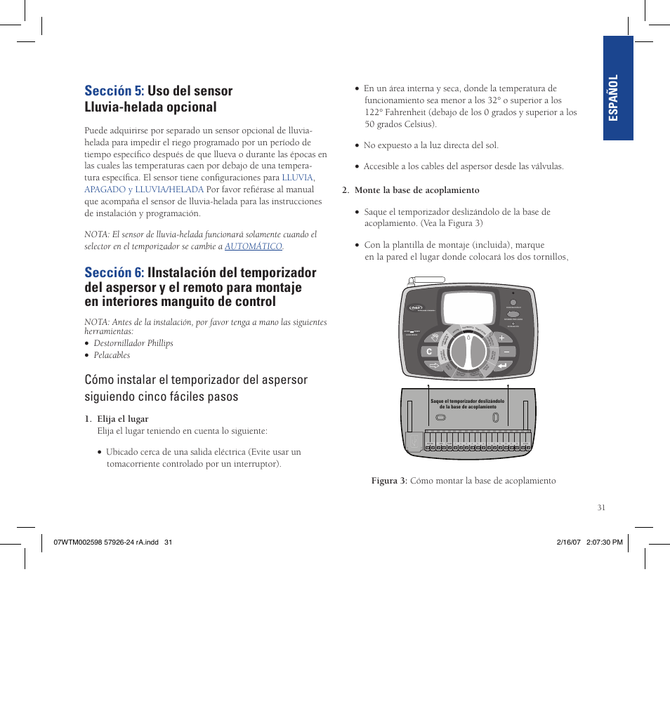 Sección 5: uso del sensor lluvia-helada opcional, Esp añol | Orbit Manufacturing Fluid 57926 User Manual | Page 32 / 40