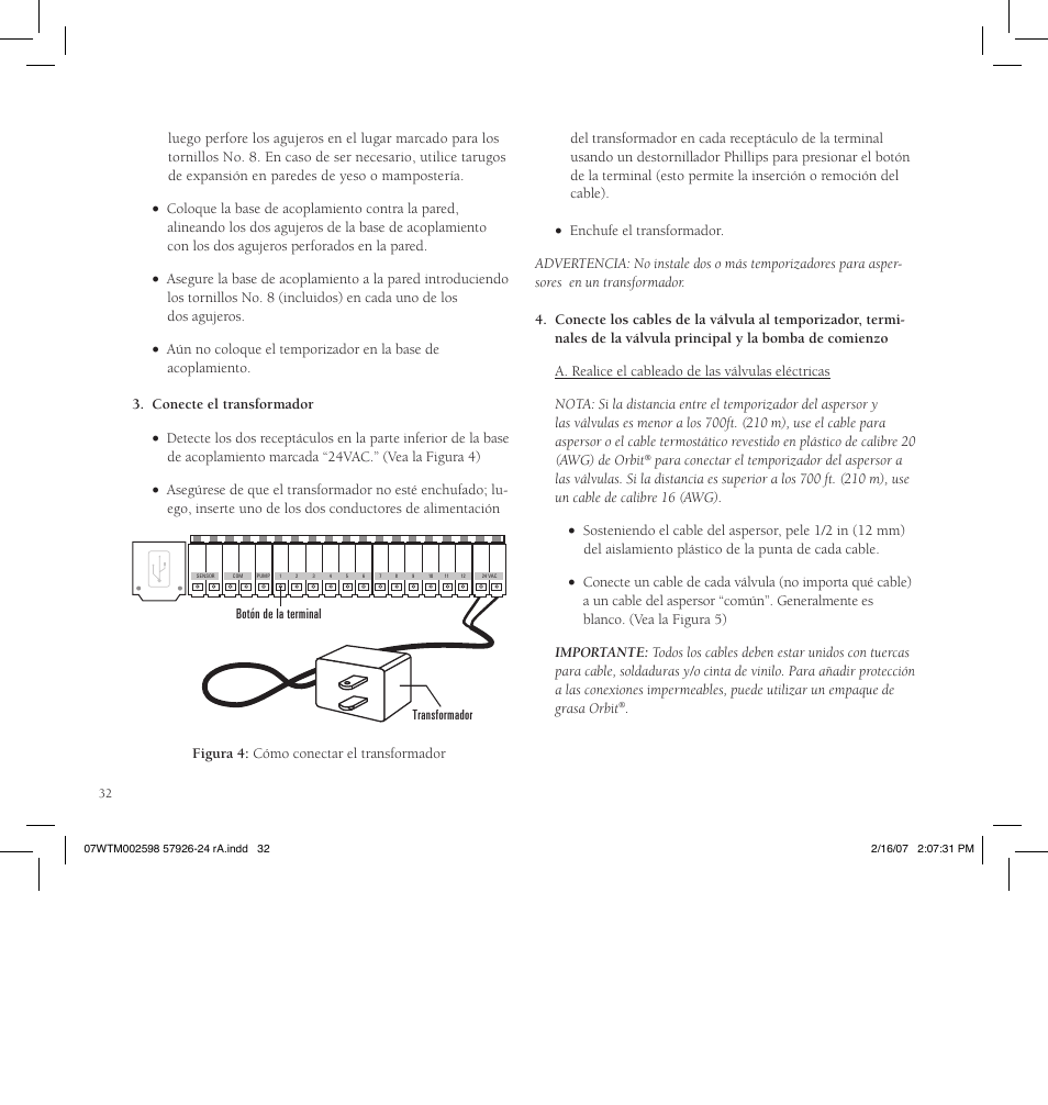 Figura 4: cómo conectar el transformador | Orbit Manufacturing Fluid 57926 User Manual | Page 33 / 40