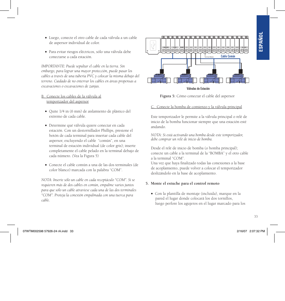 Esp añol, Figura 5: cómo conectar el cable del aspersor | Orbit Manufacturing Fluid 57926 User Manual | Page 34 / 40