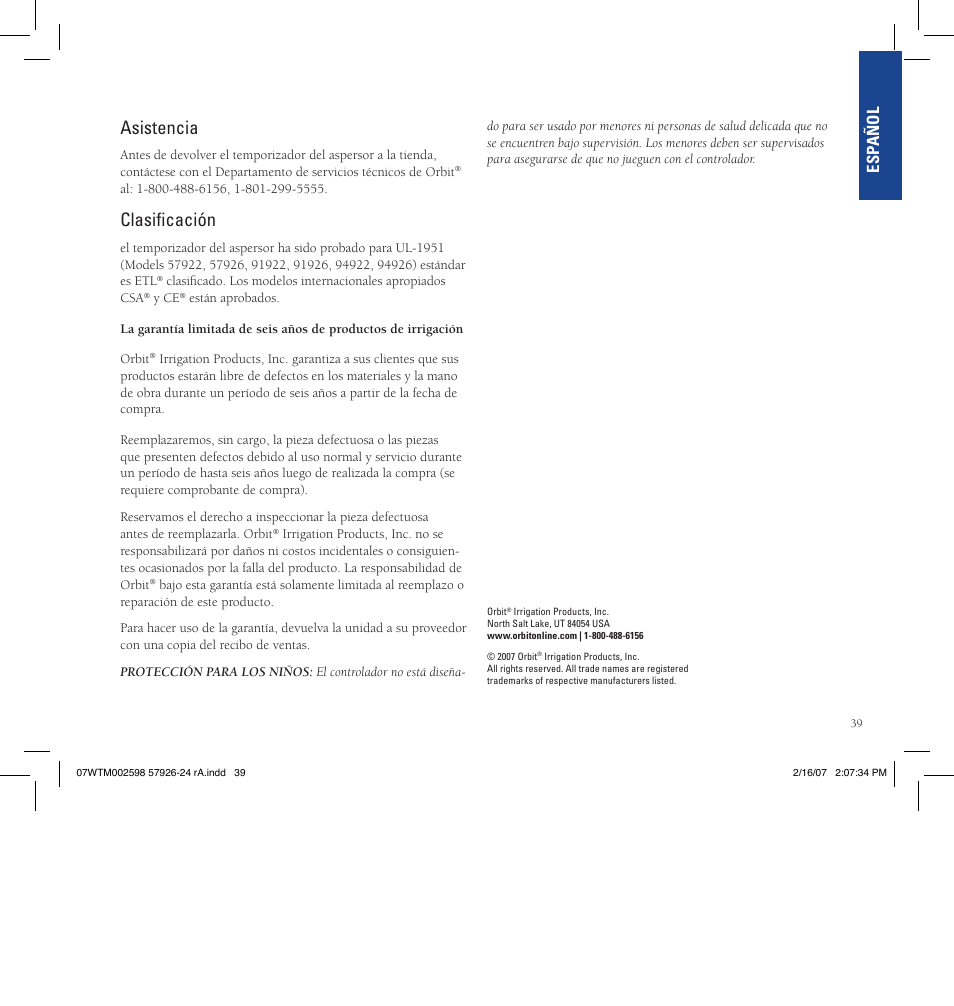 Asistencia, Clasificación, Esp añol | Orbit Manufacturing Fluid 57926 User Manual | Page 40 / 40