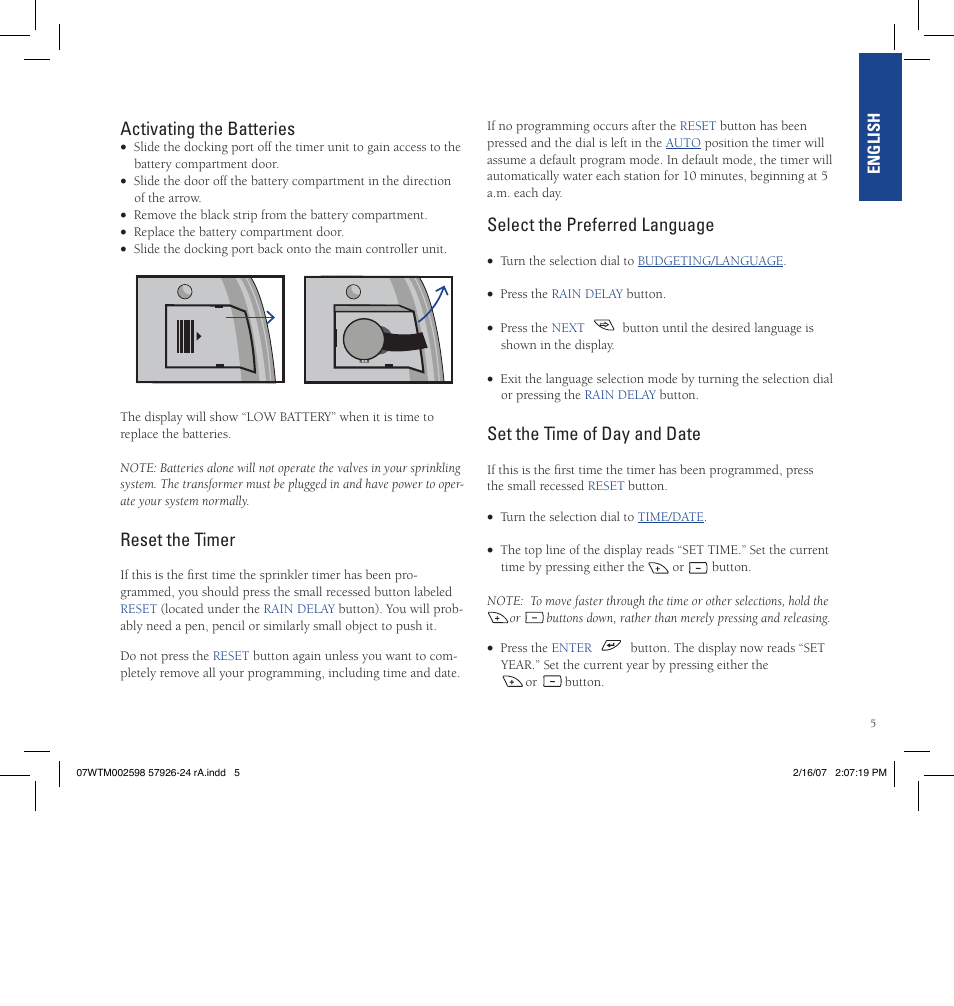 Activating the batteries, Reset the timer, Select the preferred language | Set the time of day and date | Orbit Manufacturing Fluid 57926 User Manual | Page 6 / 40