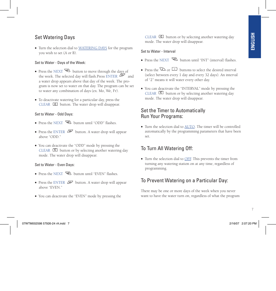 Set watering days, Set the timer to automatically run your programs | Orbit Manufacturing Fluid 57926 User Manual | Page 8 / 40