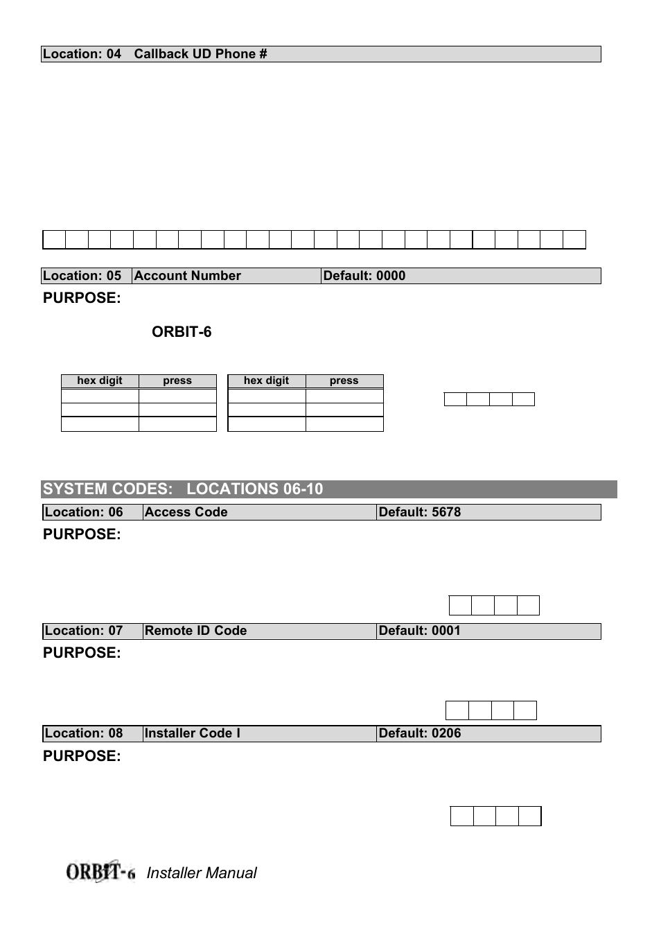 Installer manual 15, System codes: locations 06-10 | Orbit Manufacturing Rokonet ORBIT-6 RP-206 User Manual | Page 15 / 37