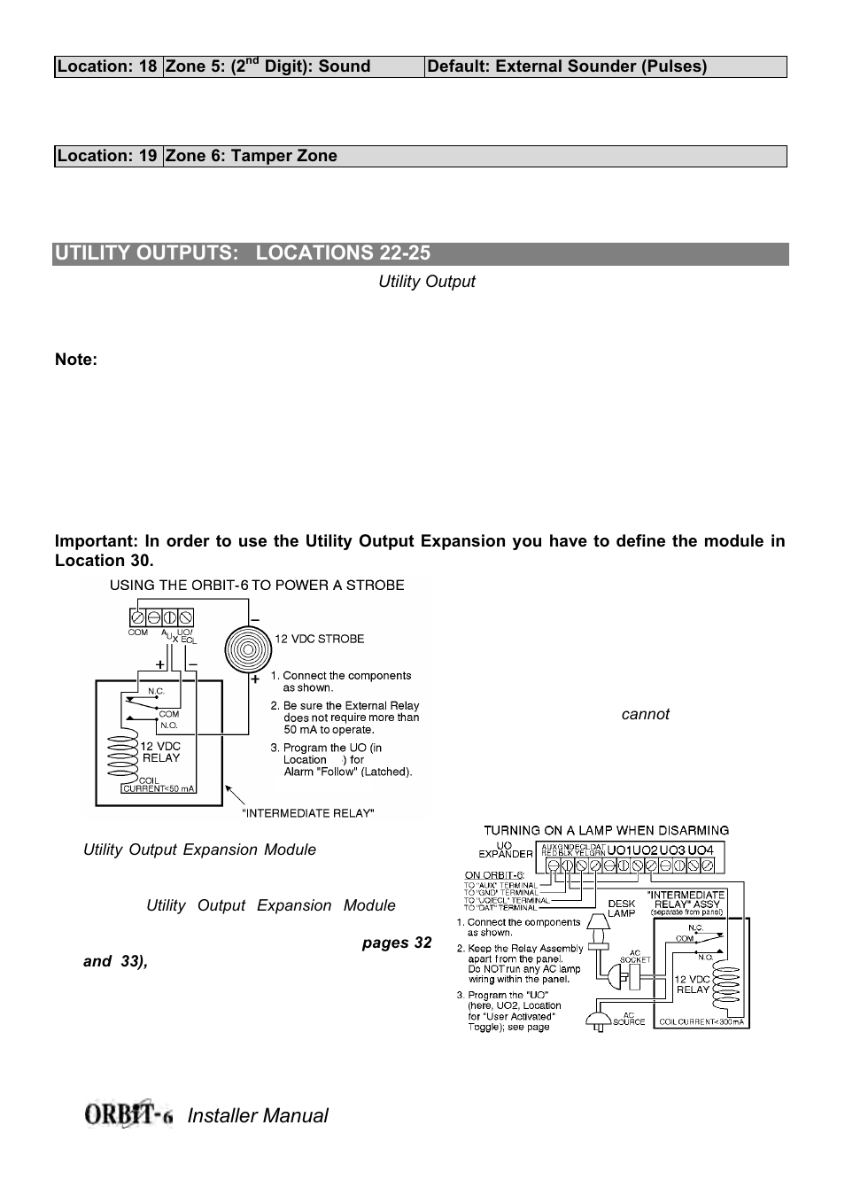 Installer manual 19, Utility outputs: locations 22-25 | Orbit Manufacturing Rokonet ORBIT-6 RP-206 User Manual | Page 19 / 37