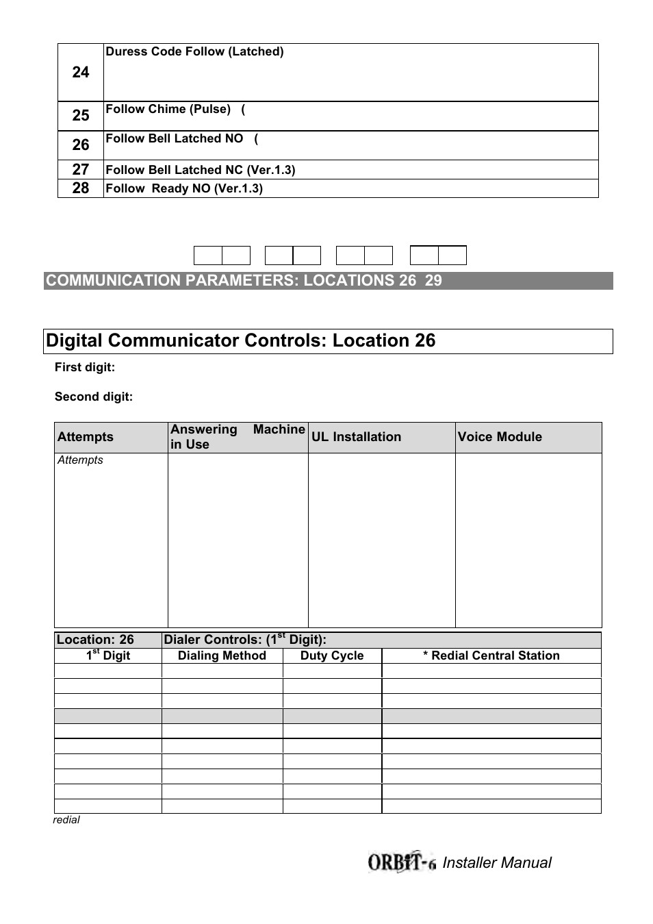 Digital communicator controls: location 26, Installer manual 22 24, Communication parameters: locations 26–29 | Orbit Manufacturing Rokonet ORBIT-6 RP-206 User Manual | Page 22 / 37