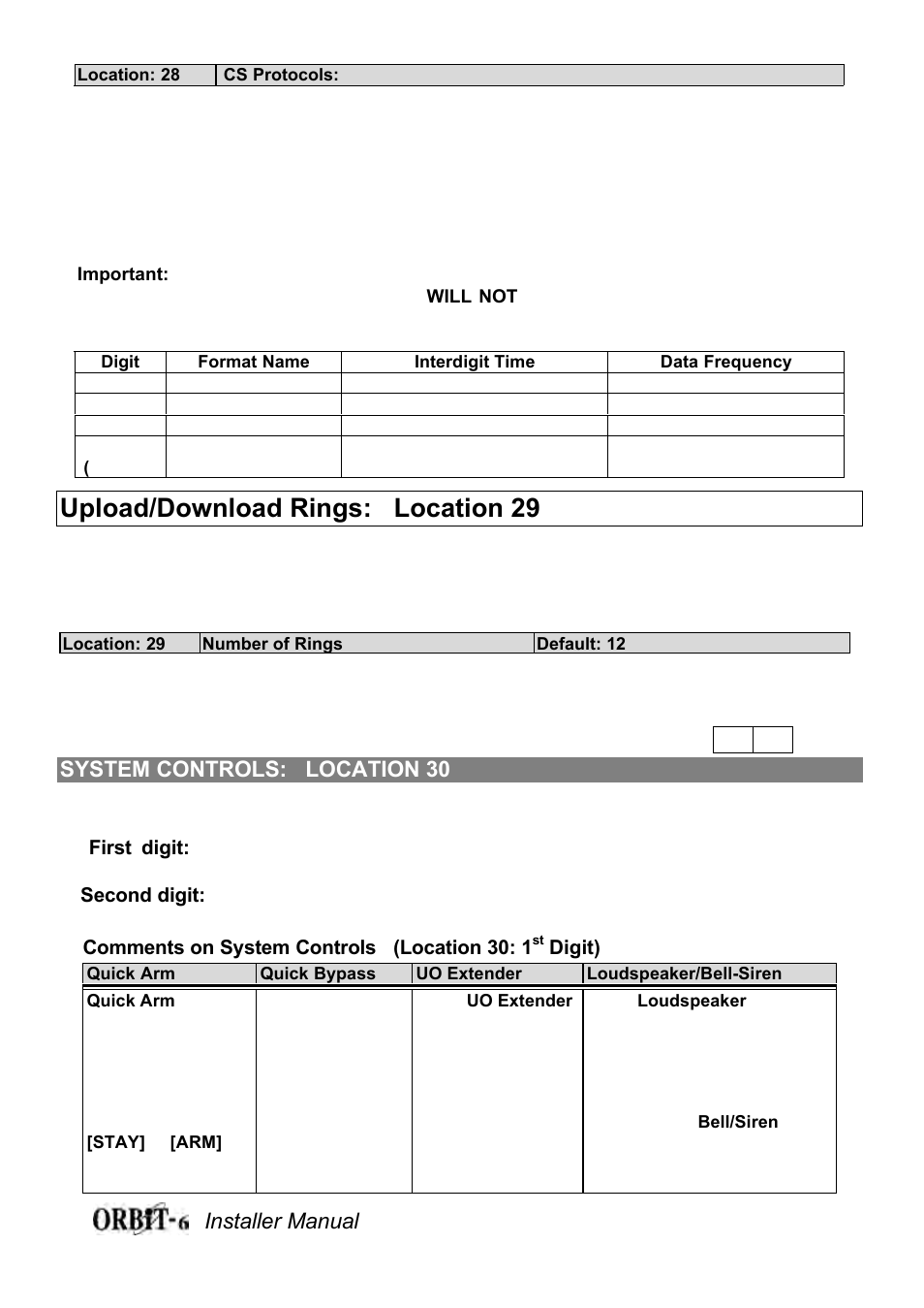 Upload/download rings: location 29, Installer manual 25, System controls: location 30 | Orbit Manufacturing Rokonet ORBIT-6 RP-206 User Manual | Page 25 / 37