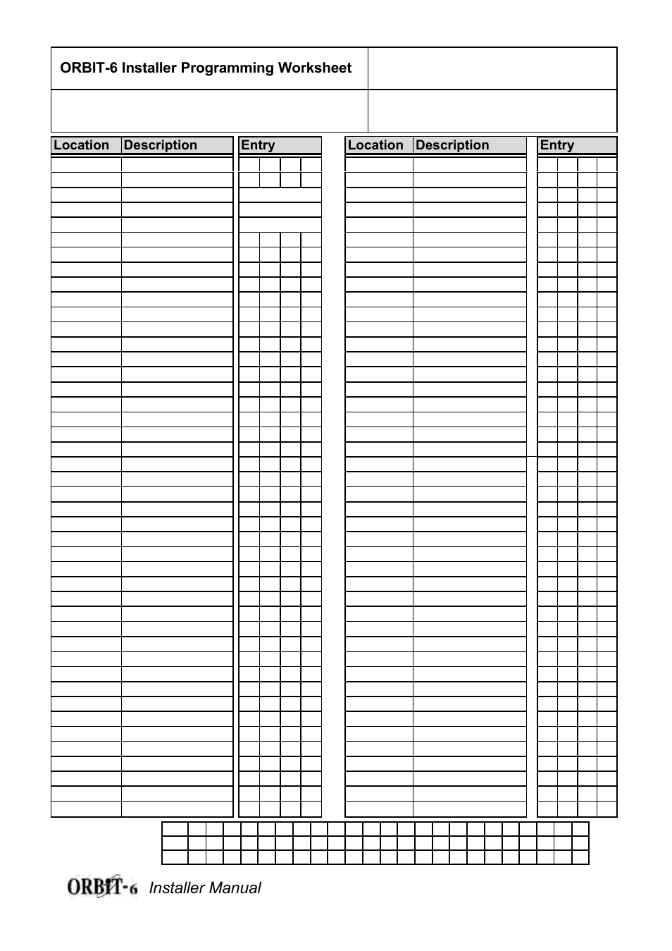 Installer manual 29, Orbit-6 installer programming worksheet | Orbit Manufacturing Rokonet ORBIT-6 RP-206 User Manual | Page 29 / 37