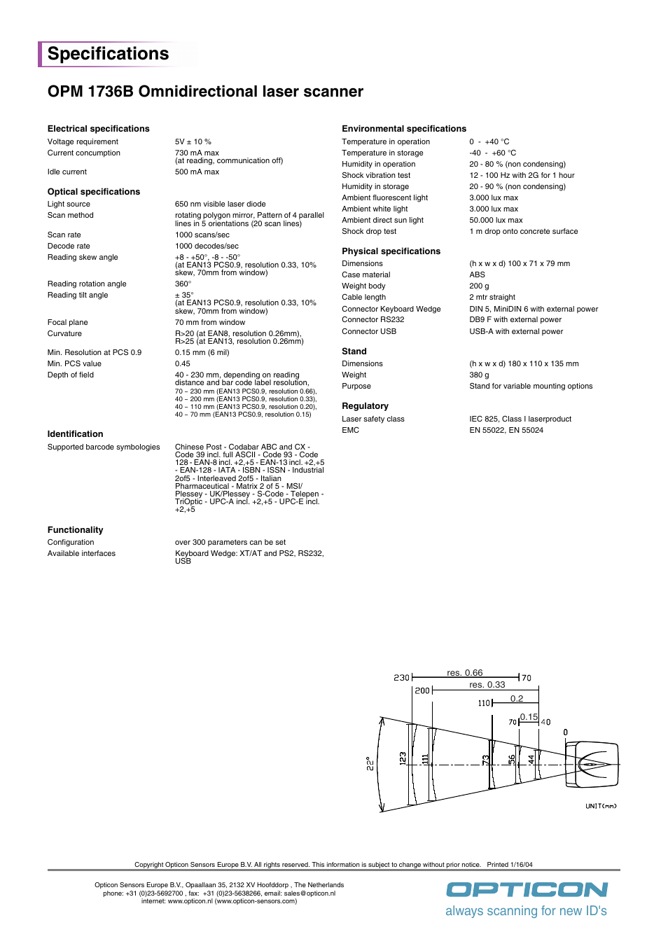 Specifications, Opm 1736b omnidirectional laser scanner, Always scanning for new id's | Opticon Laser Scanner User Manual | Page 2 / 2