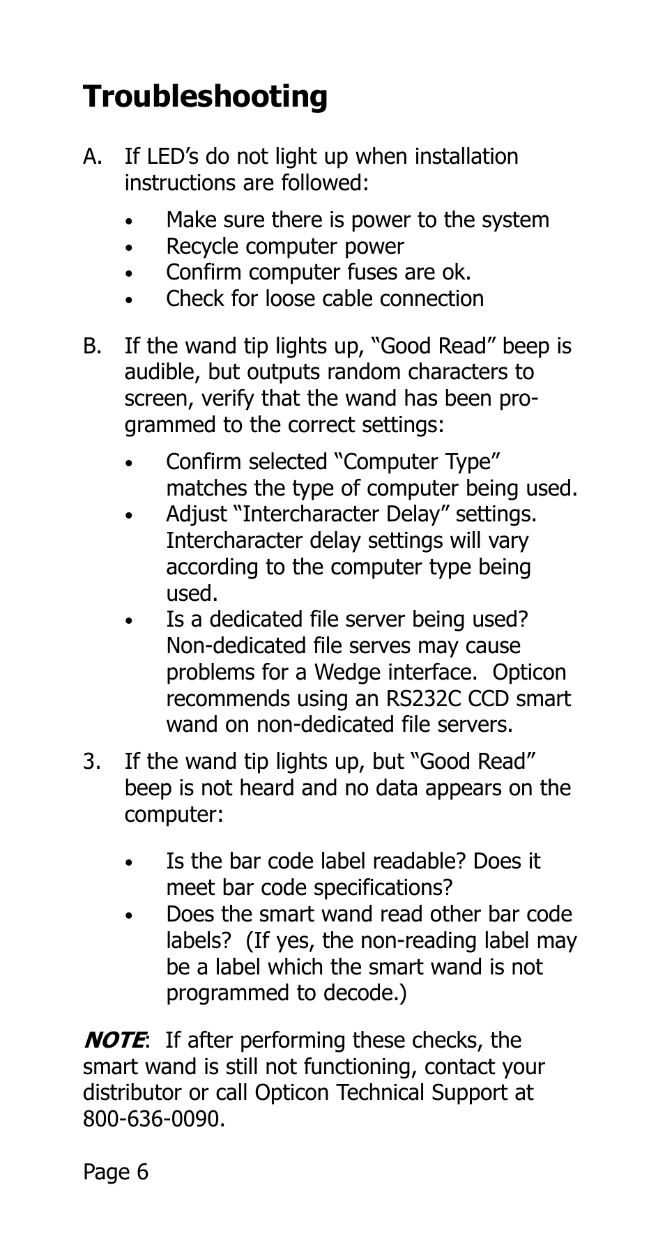 Troubleshooting | Opticon 25-WEDGE-04 User Manual | Page 10 / 47