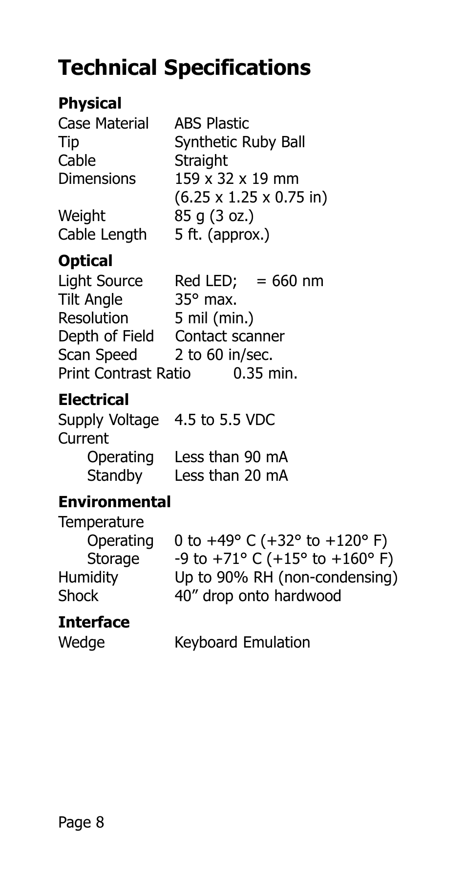 Technical specifications | Opticon 25-WEDGE-04 User Manual | Page 12 / 47