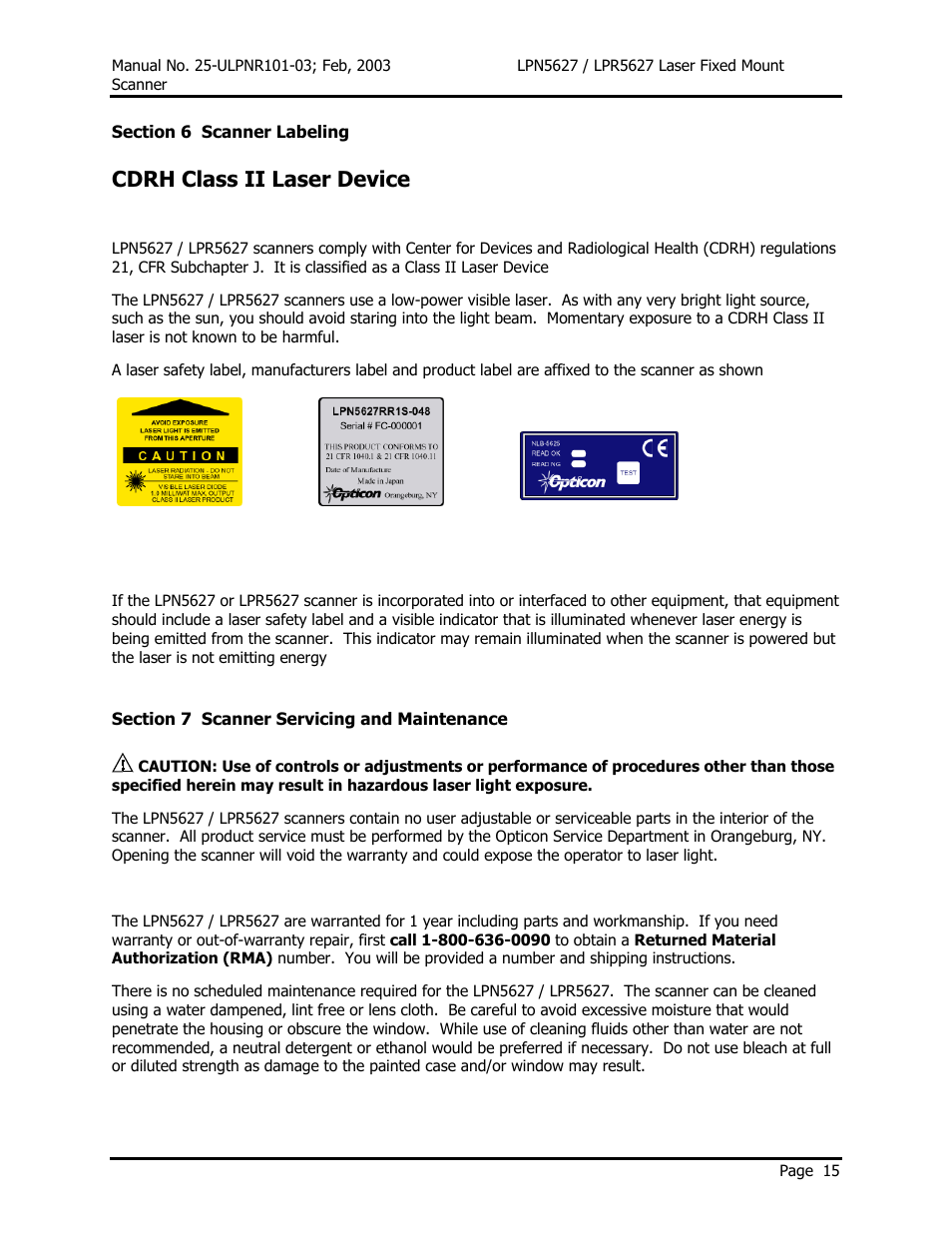 Cdrh class ii laser device | Opticon LPR5627 User Manual | Page 19 / 67