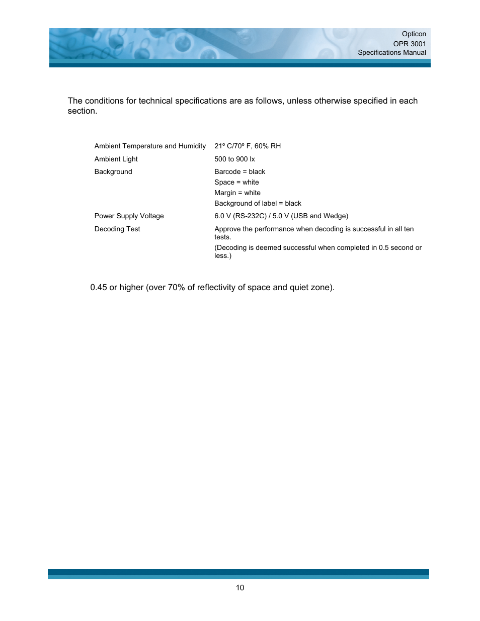 Technical specifications | Opticon OPR 3001 User Manual | Page 10 / 40