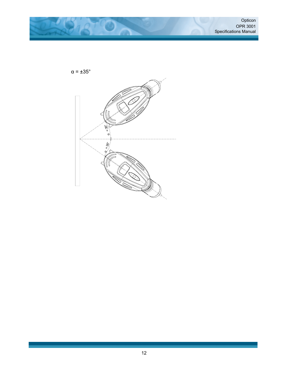 Pitch, skew, and tilt, Pitch angle, Α = ±35 | Opticon OPR 3001 User Manual | Page 12 / 40