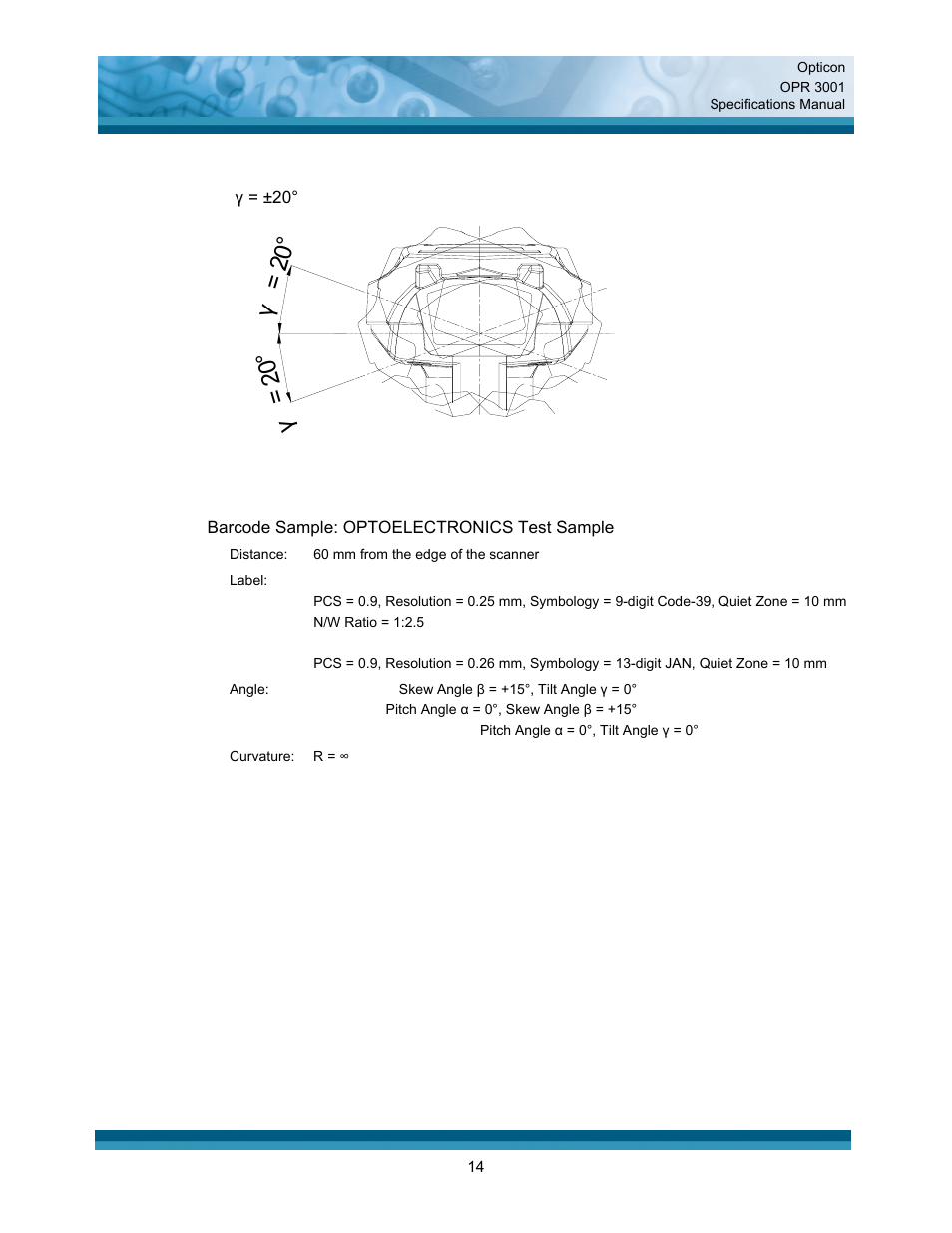 Γ＝ 20 ° γ ＝ 20 | Opticon OPR 3001 User Manual | Page 14 / 40