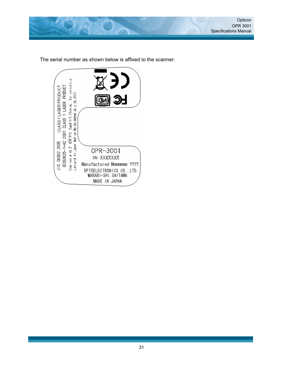 Serial number | Opticon OPR 3001 User Manual | Page 31 / 40